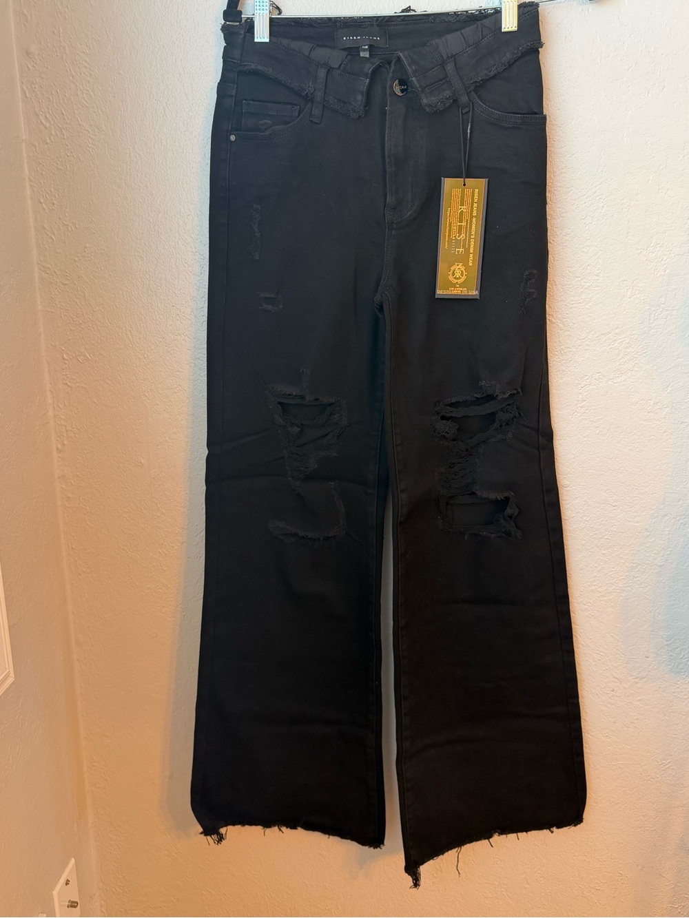 196~ NWT Risen Fold Over Waist High-Rise Black Distressed Wide-Leg Jeans